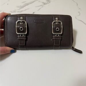 Coach Dark Brown Leather Wallet with Silver Buckles